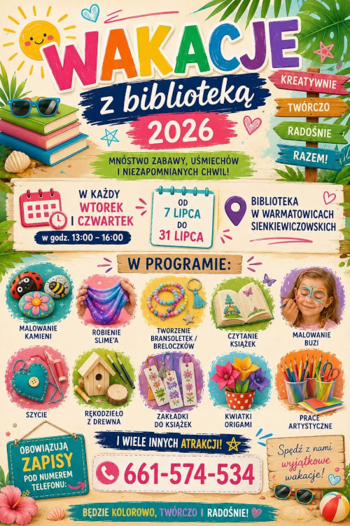 plakat wakacje z biblioteką 2026