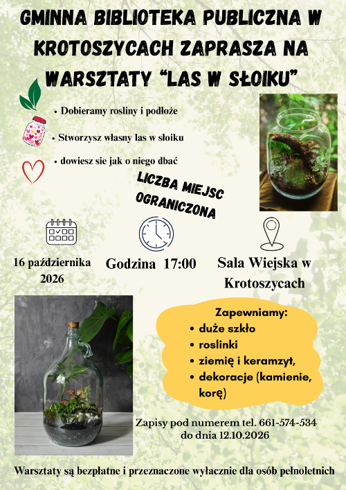 plakat warsztaty las w słoiku: 16.10.2026, godz. 17:00.